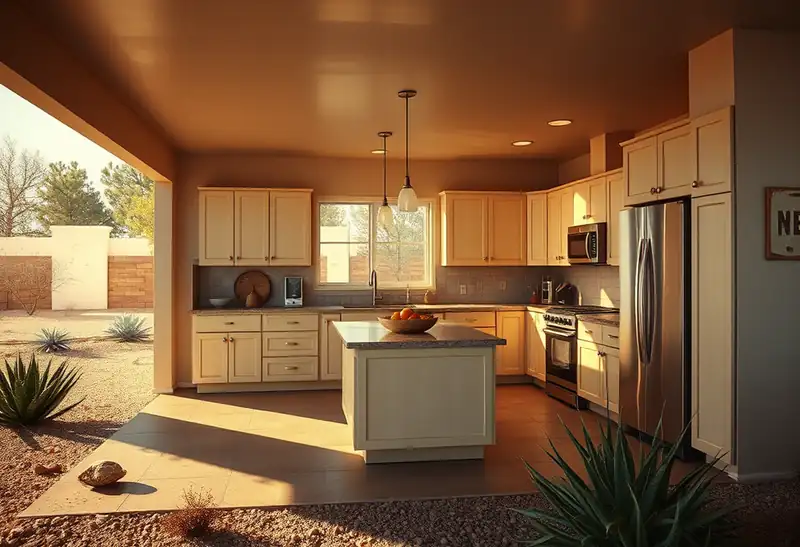 Illustration of modern kitchen with shaker cabinets and island, featuring desert landscaping.